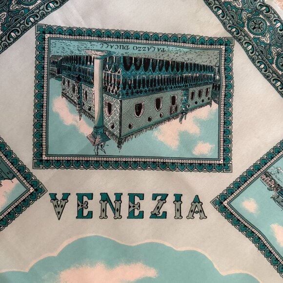 Vintage Italian Venezia Scarf 30 Inch Square Turquoise White Academia Style - Picture 11 of 12